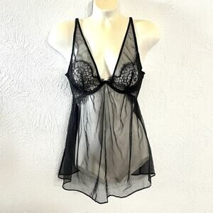 Victoria's Secret Lingerie Babydoll Teddy Black Sheer Lace Flyaway Underwire 34C